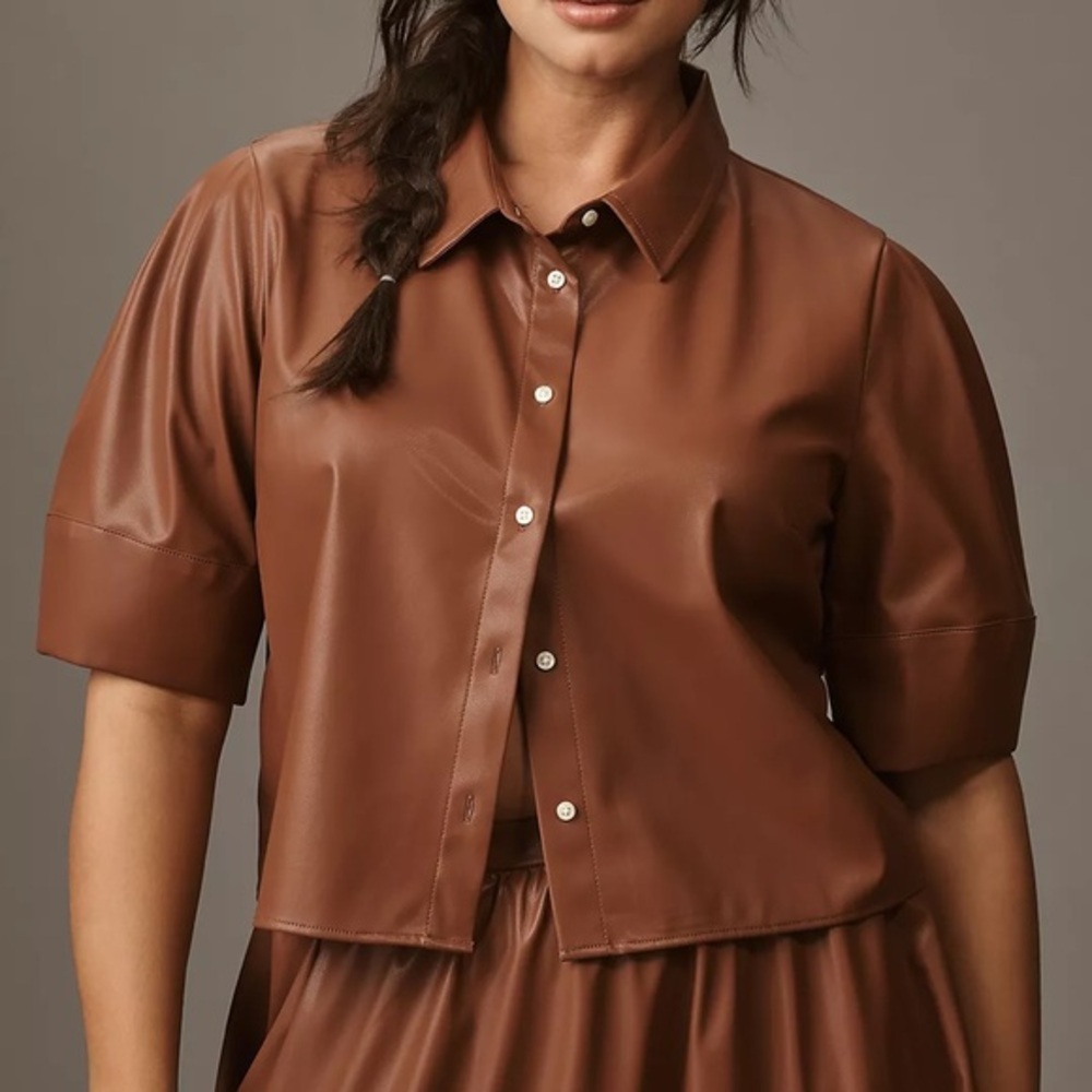 Maeve Lantern-Sleeve Faux Leather Blouse